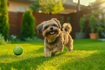 A joyful dog runs across a green garden, basking in the sunlight, with a bright green ball nearby