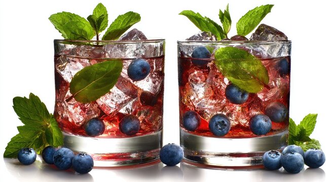 Two refreshing blueberry cocktails with mint and ice sit on a white background.
