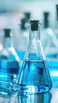 A clear glass beaker with blue liquid inside against a blurred background of lab equipment.
