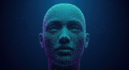 Digital representation of a human likeness constructed from glowing binary code particles