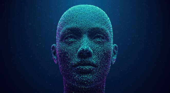 Digital representation of a human likeness constructed from glowing binary code particles