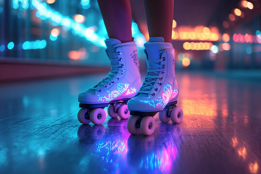 Person Wearing Shiny Roller Skates Dancing Indoors With Neon Lights Retro Disco Vibes And Fun Motion Generative AI
