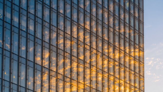 Sunset's golden light mirrors on the glass exterior of a contemporary office tower, crafting a captivating light display in the cityscape.