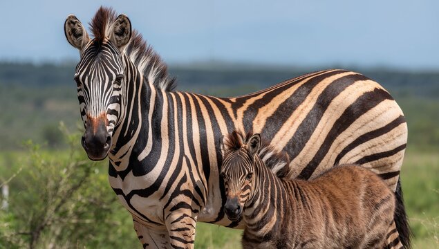 A zebra and her young foal standing together, observing maternal bond in nature