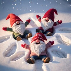 "Adorable Scandinavian Christmas Gnomes Making Snow Angels in Winter Wonderland"