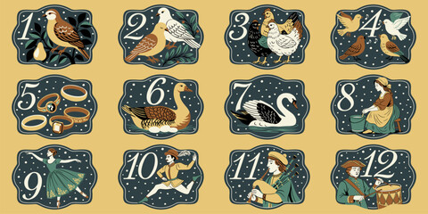 The twelve days of Christmas. English Christmas carol. Vector vintage illustration. Christmas countdown