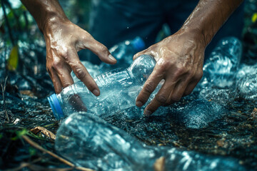 Hands reach down to pick up discarded plastic bottles from a muddy area in a forest, highlighting the importance of environmental cleanup efforts