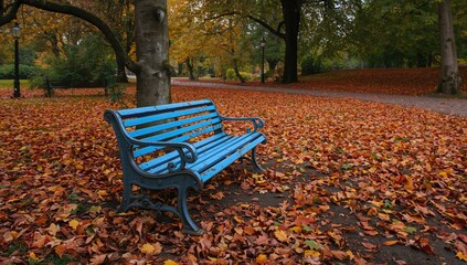 Blue metal bench nestled among fallen autumn leaves, seasonal change