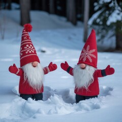 Cute Christmas Gnome Decorations in Snowy Winter Forest Scene