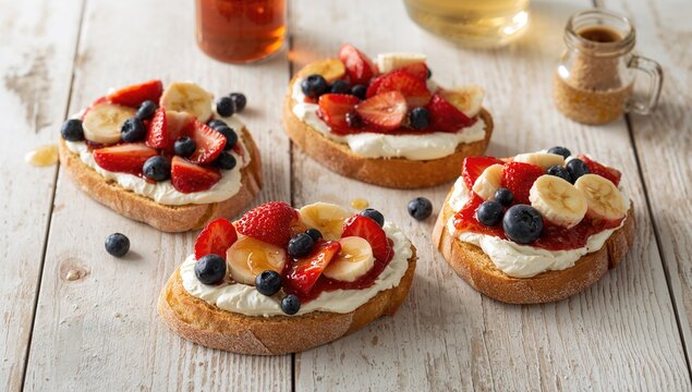 Cream cheese open sandwiches adorned with fresh berries, banana slices, and honey, fiber-dense choice