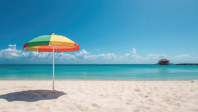 Sun umbrella and house on sandy beach, blue sky and sea behind, vacation getaway appeal