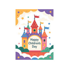 Whimsical cartoon castle with happy children's day message perfect for festive celebrations