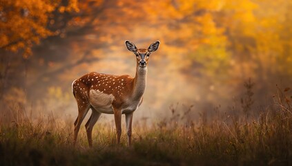 Autumn scene featuring a fallow deer doe, hind, or fawn with vivid seasonal foliage and misty atmosphere.