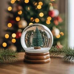Elegant Christmas Tree Snow Globe on Wooden Table – Cozy Holiday Decoration