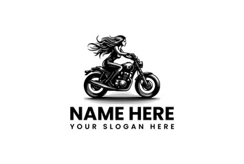 Classic motorcycle logo featuring a powerful biker woman with flowing hair. Vintage style vector illustration for a riding club emblem. 160.eps graphic
