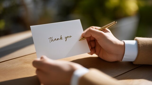 Hand writing a “thank you” note on a wooden desk with warm sunlight streaming through a nearby window — concept of gratitude, mindfulness, personal connection, and reflective lifestyle imagery.