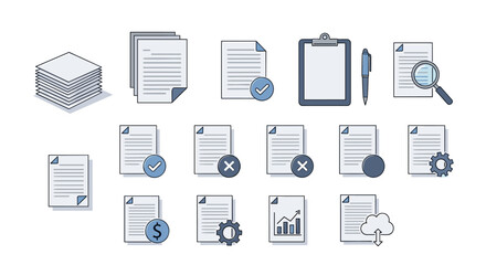 Collection of stylized vector cartoon illustrations representing various document and office-related icons, including stacks of paper, clipboards with pens, documents with checkmarks and crosses