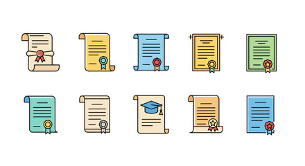Collection of filled color icons representing diplomas or certificates, featuring minimalistic linear pictograms perfect for web and graphic design, apps, banners, and social networks, symbolizing