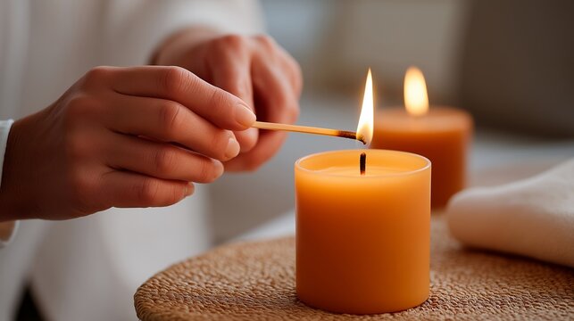 Close-up of fingers carefully striking a match and igniting the candle wick, warm amber glow reflecting on textured surfaces &mdash; representing relaxation, peaceful ambiance, hygge-inspired interior