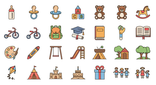 Vibrant Childhood Outline Icon Collection: A Whimsical Vector Cartoon Illustration Featuring Editable Strokes, Perfect for Infographics, Articles, Books, Flyers, and Banners, Capturing the Joy of