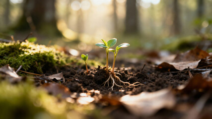 Forest floor with tiny seedlings catching morning light and visible roots