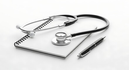 Stethoscope, notepad, and pen isolated on white background