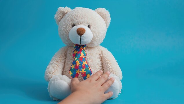 Mental health care motif with a teddy bear and puzzle ribbon pattern, promoting awareness on World Autism Awareness Day