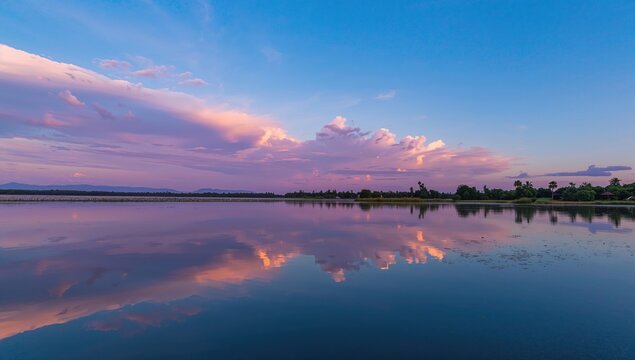 A stunning sunset with pink clouds over calm waters, creating a symmetrical reflection for serene landscapes
