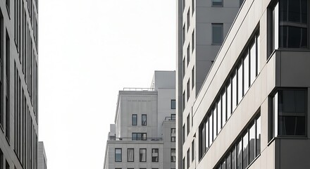 View of tall buildings in a city with white sky isolated on white background