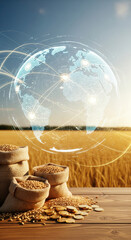 Burlap sacks filled with grain and gold coins on wooden table, golden wheat field in background, digital globe overlay, symbolizing global agriculture, trade, and economic growth