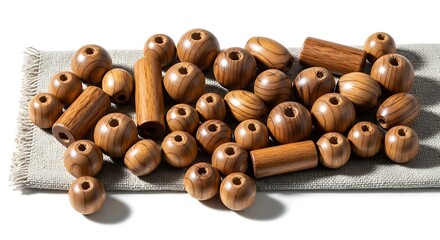 Pile of wooden beads on a neutral surface isolated on white background
