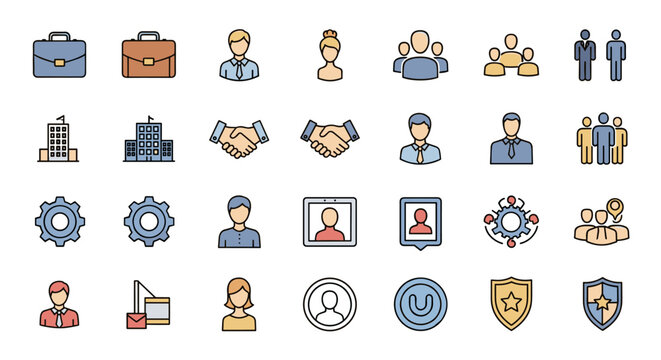 A vibrant and diverse collection of business-themed line icons, featuring briefcases, office buildings, professional individuals, team groups, handshake symbols, gears, and security shields, all