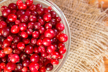 Ripe organic cranberries on rustic wooden table. Autumn harvest and healthy nutrition concept. Natural red berries background for seasonal design, countryside lifestyle and eco food theme.