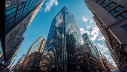 Fototapeta premium Gazing upward at skyscrapers in an urban setting, urban density