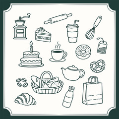 Hand-drawn bakery and coffee icon set. Vector illustration of cakes, bread, croissant, donut, coffee cup, and tea pot in doodle style.