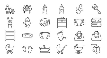 A comprehensive collection of line icons representing family and baby essentials, including parents, children, baby bottles, diapers, changing tables, cribs, strollers, pacifiers, rattles, baby