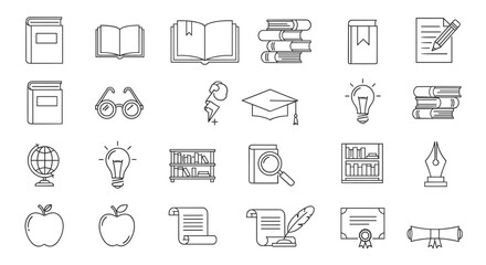 Collection of educational and learning icons in a clean, modern line art style, featuring books, graduation cap, lightbulb, globe, glasses, and writing tools, perfect for academic and knowledge-based