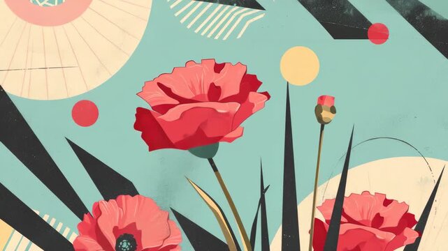 Vibrant featuring roses and sunbursts on a graphic background.