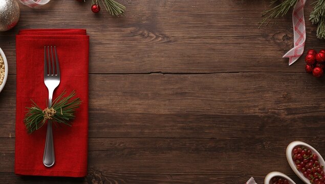 Christmas dining arrangement featuring cutlery on a red napkin with festive decorations, seasonal celebration - Powered by Adobe