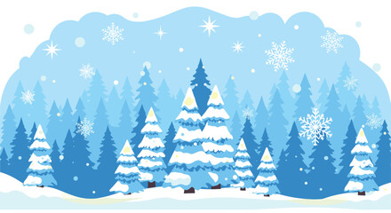 Enchanting winter forest scene with whimsical snow-covered trees and delicate falling snowflakes, perfect for holiday designs