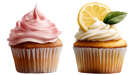 set of vibrant watercolor illustration of a pink and yellow lemon cupcake with swirled frosting and sprinkles isolated on a transparent background	