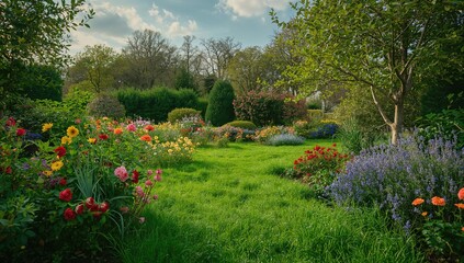 Obraz premium Vibrant Blooms in Lush Garden, ideal for editorial header background