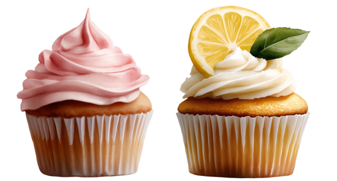 set of vibrant watercolor illustration of a pink and yellow lemon cupcake with swirled frosting and sprinkles isolated on a transparent background	 - Powered by Adobe
