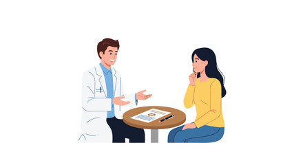 Caring doctor discusses patient's health report in modern consultation room, fostering trust and clear communication