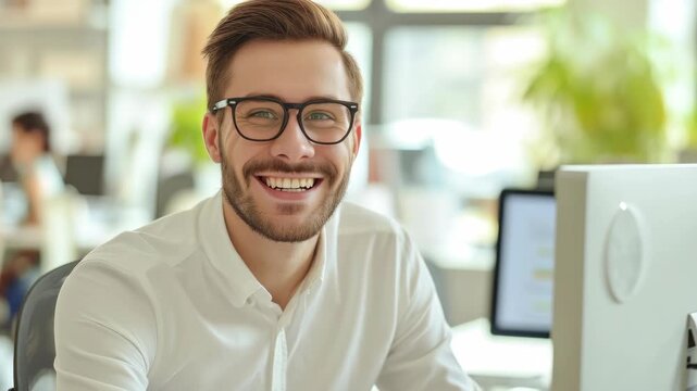 A man sitting at a desk, smiling, wearing glasses, and dressed in a white shirt. He is looking towards the camera with a bright window in the background.