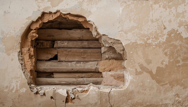 Damaged 18th Century Wall exposing aged wood lath and mud infill, highlighting obsolescence