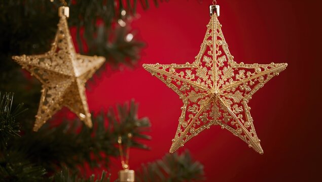 Golden star-shaped Christmas tree ornaments on a vibrant red backdrop, festive decoration