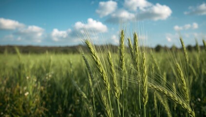 Obraz premium Green wheat stalks in an agricultural field, indicating growth stage, Earth Day