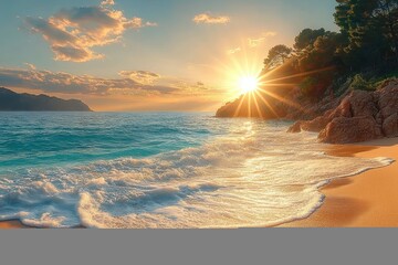 Golden sunset over a sandy beach with gentle ocean waves rolling in near rocky cliffs and pine trees under a partly cloudy sky
