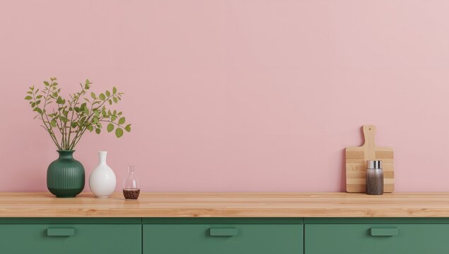 Minimal kitchen interior mock up for product display, featuring green counter, bright wood top, pink wall, and plant vase, efficiency
